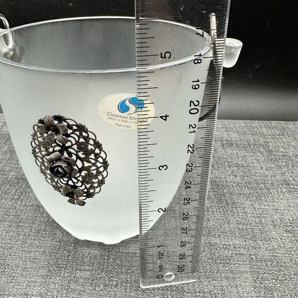 Arte Murano Silvestri Ice Bucket Frosted Glass Metal Rose Pattern Italy Vintage - Picture 14 of 16